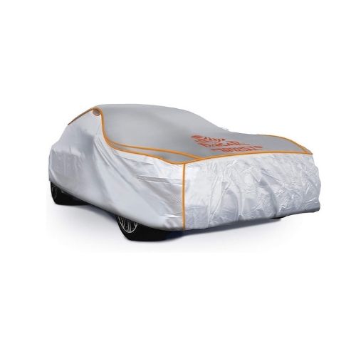 Funda cubre autos para autos sedan - large 457x165x119cm. logo dakar. goma eva cubreindo la parte superior. reflectores naranjas, elastico, clips y cierre..