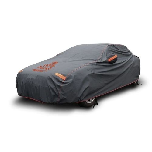 Funda cubre autos para autos sedan - extra large 483x178x119cm. logo dakar. pvc y algodon 270 gramos. cobertor de espejos con reflectores naranjas, elastico, clips y cierre.