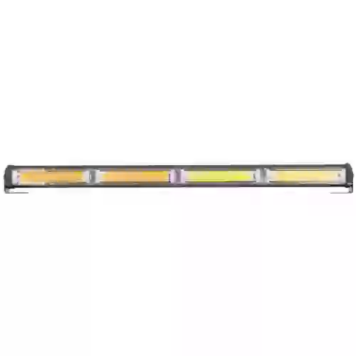Barra led cob dual - 12-36v blanca y ambar 4 bloques cob 60w flash 10 funciones 600x40x45mm  incluye toma a 12v con interruptor on / off y manejo de funciones destellantes  