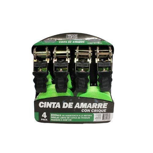 Cinta de amarre con crique - juego de 4 piezas de 5 metros de largo x 2.5cm de ancho. capacidad 800 kgs  